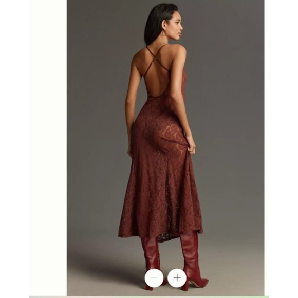 Anthropologie Brown Lace Slip Maxi Dress M NWT Boho Fall Romantic Unlined - Picture 3 of 9